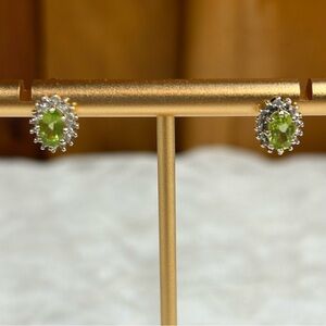 NEW - Vintage 925 Silver Gold Plated Peridot & Faux Diamond Look Stud Earrings